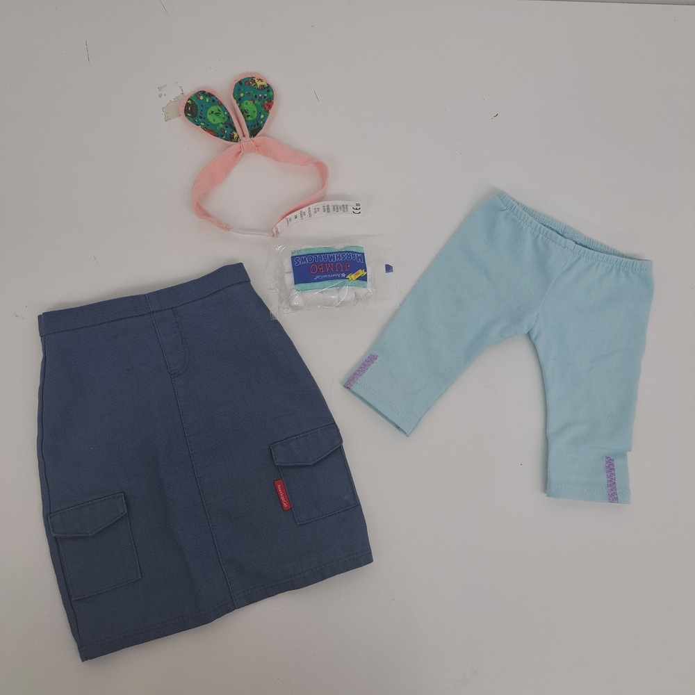 American Girl Doll Blue Cargo Skirt Leggings Headband Marshmallows Lot Play Set